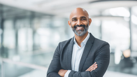 A man with a beard stands in a bright modern office space. He smiles warmly with his arms crossed showcasing a professional demeanor and confidence.の素材