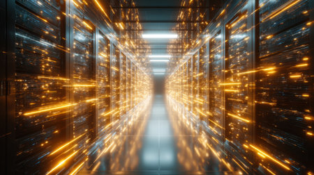 A futuristic corridor in a data center showcases rows of servers illuminated by bright moving lights. The scene emphasizes high-tech designs and a sense of speed highlighting modern data processing.の素材