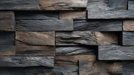 A close-up of a textured wall made from wooden blocks in various shades of brown and gray. This design showcases different wood grains creating a unique and modern look.の素材
