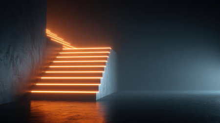 Bright neon orange lights outline a modern staircase in a dark foggy space. The sleek design creates a futuristic atmosphere inviting exploration and intrigue.の素材