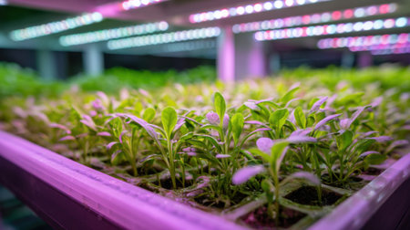 Bright vibrant seedlings thrive in trays under colorful LED lights in an indoor growing facility. The controlled environment supports healthy plant growth.の素材