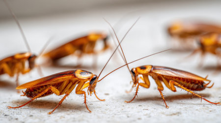 A cluster of cockroaches is seen moving across a light surface. Their brown bodies shine in the light as they interact with each other typical behavior observed during daytime hours.の素材