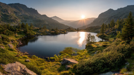 Morning light breaks over a serene lake surrounded by lush greenery and majestic mountains. The calm water reflects the vibrant colors of sunrise creating a peaceful scene.の素材