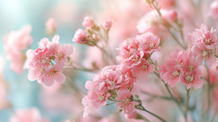 Delicate pink flowers fill the garden with color and charm showing natures beauty as they bloom under soft sunlight in springtime.の素材