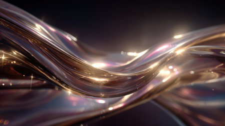 Waves of metallic material twist and flow gracefully reflecting shimmering light against a dark backdrop. The scene creates a sense of depth and fluidity showing vibrant colors.の素材