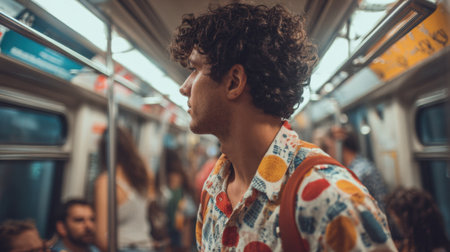 A young man with curly hair stands in a packed subway train wearing a colorful patterned shirt. He looks contemplative as other passengers surround him on a busy afternoon.の素材
