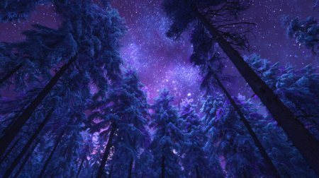 Tall trees covered in snow reach towards a vibrant night sky filled with stars. The scene captures the magical beauty of winter in a serene forest.の素材