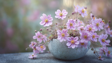 A cluster of delicate pink flowers in a textured gray pot rests on a stone table. The soft hues of spring create a serene background enhancing the floral display.の素材