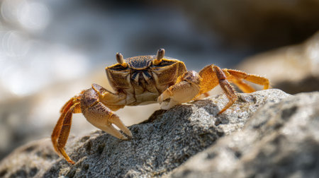 A crab stands on a rock displaying its pincers as sunlight reflects off the water nearby. It is a quiet moment by the beach capturing natures detail and beauty.の素材