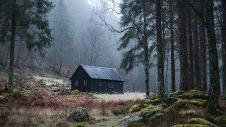 Amid dense fog a simple black cabin stands alone in a quiet forest. Surrounding trees rise tall while moss-covered rocks add to the serene atmosphere at dawn.の素材