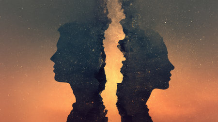Two human silhouettes face each other blending into a cosmic scene filled with stars and colors. This artwork captures themes of connection distance and the universe.の素材
