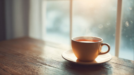 A yellow cup filled with hot tea sits on a plate on a wooden table. Soft morning light filters through the window creating a calm atmosphere perfect for relaxation.の素材