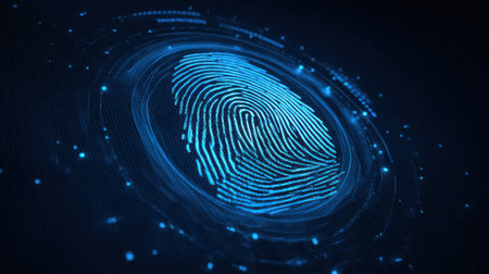 A detailed digital fingerprint design shines in blue light against a dark background. This modern illustration highlights security and technology themes in a sleek and unique way.の素材