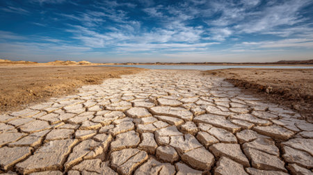 A vast area of cracked earth stretches across the lake dried bed showing the effects of arid conditions. The clear blue sky enhances the stark beauty of this remote desert region.の素材