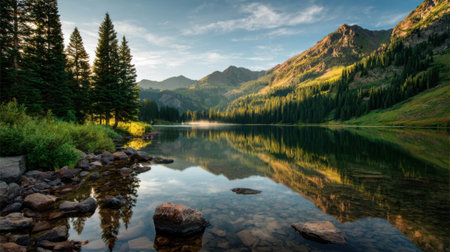 This serene setting features a calm lake reflecting majestic mountains and tall pine trees under a clear sky. The soft morning light casts a warm glow on the landscape.の素材