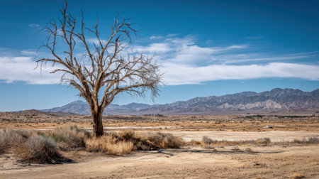 A lone barren tree stretches its branches against a clear blue sky in a dry desert. Surrounding it is a vast arid landscape with distant mountains adding to the scenery.の素材