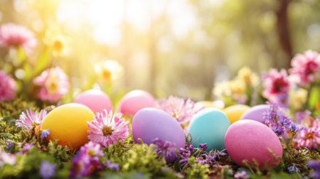 Various pastel colored Easter eggs are nestled among blooming flowers in a sunny garden. The scene captures the joyful spirit of springtime festivities.の素材