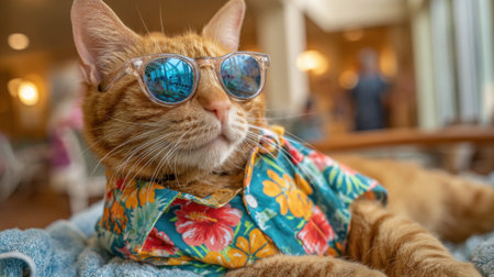 A cat with orange fur wearing stylish sunglasses and a colorful tropical shirt lounges comfortably indoors on a soft blanket enjoying a bright sunny day.の素材