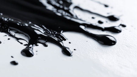 Thick black paint flows and drips on a white surface emphasizing the contrast between colors. This scene captures the creativity of the art process in a simple yet powerful way.の素材