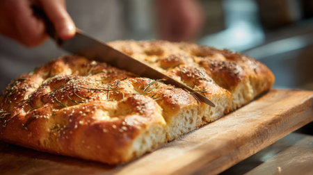 A person is cutting a loaf of focaccia bread topped with herbs and spices. The warm golden crust is perfect for serving. The kitchen setting is bright and inviting.の素材