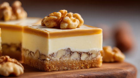 Delicious dessert featuring smooth layers of cream and a crunchy nut base. Topped with walnuts it is perfect for sharing at gatherings or enjoying alone.の素材