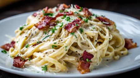 A plate of creamy pasta topped with crispy bacon and herbs is ready to be enjoyed. The dish looks rich and flavorful perfect for a hearty meal or special occasion.の素材