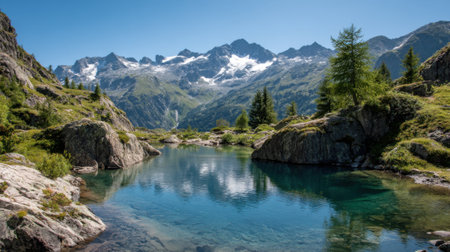 This tranquil location features a crystal clear lake surrounded by rugged mountains and lush green trees set under a bright blue sky on a sunny day.の素材
