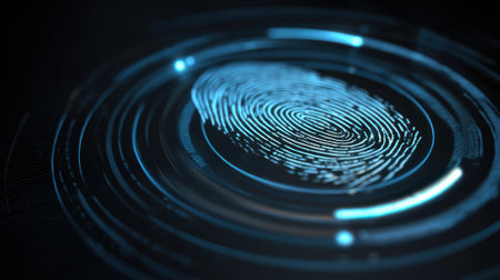 A close-up view of a digital fingerprint design illustrates advanced biometric technology. The intricate lines form a unique pattern highlighted in blue tones emphasizing security features.の素材