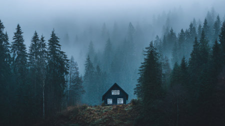 A dark house stands isolated amidst tall pine trees shrouded in morning fog. The surrounding forest creates a serene yet eerie atmosphere in early dawn light.の素材