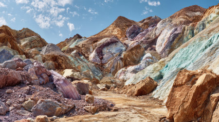 A vibrant landscape showcases eclectic mineral formations in various colors under a bright blue sky. The unique terrain features hills and large rocks revealing natures artistry.の素材