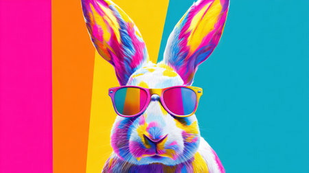 A rabbit with colorful fur and stylish sunglasses poses confidently against a vivid backdrop of pink and blue hues. Perfect for adding a fun vibe to any space.の素材