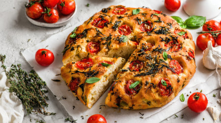 A warm focaccia bread is sliced revealing a soft interior. The top is adorned with vibrant cherry tomatoes and fresh herbs. Surrounding the bread are fresh tomatoes and garlic.の素材
