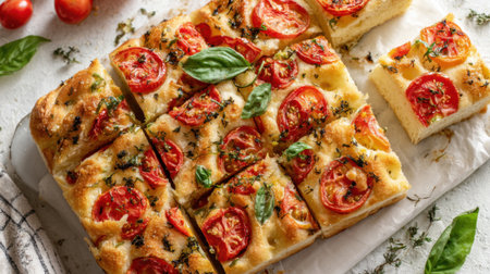 Golden-brown focaccia adorned with sliced tomatoes and fresh basil leaves rests on a white surface. The bread is sliced into squares revealing a soft airy texture and fragrant herbs.の素材
