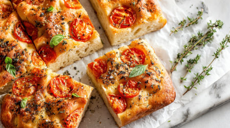 Soft and golden focaccia bread sits on a marble surface adorned with juicy cherry tomatoes and sprigs of fresh herbs inviting all to enjoy its aroma and taste.の素材