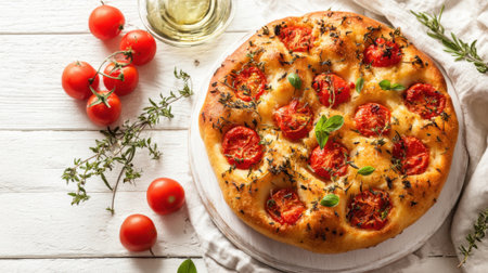 Soft focaccia bread is baked to golden perfection topped with vibrant cherry tomatoes and fresh herbs. The setting features a rustic kitchen atmosphere with natural light.の素材