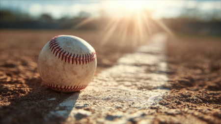 A lone baseball lies on a dirt field partially in a sunlit area. The scene captures a serene moment in the late afternoon highlighting the beauty of the sport and the setting.の素材