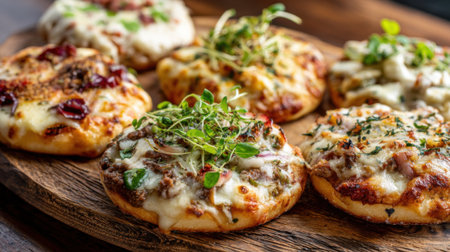 A wooden board displays an assortment of mini pizzas topped with fresh herbs cheese and meats in a warm inviting restaurant setting during the evening.の素材