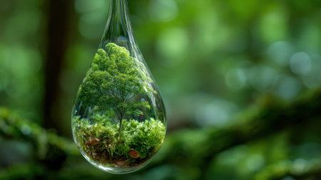 A clear water droplet hangs from a leaf containing a miniature tree and lush greenery inside. This serene scene represents natures beauty and the importance of environmental conservation.の素材