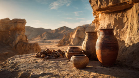 Crafted clay pots and historical artifacts are arranged on rocky terrain showcasing their texture and shapes in the glow of the afternoon sun in a desert setting.の素材