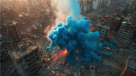 Bright blue smoke erupts from the ruins of a city with tall buildings crumbling in the background during a dramatic sunset. Destruction envelops the area showcasing a scene of chaos.の素材