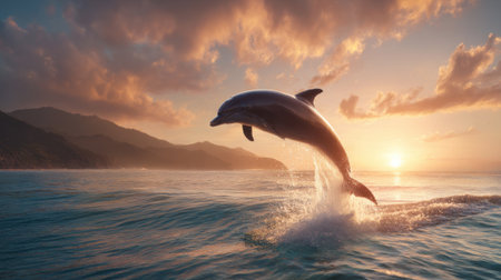 A dolphin leaps joyfully from the water as the sun sets behind distant mountains casting a warm glow over the ocean waves and creating a peaceful scene.の素材