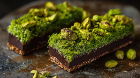 Two unique desserts featuring a base of chocolate topped with a green layer and sprinkled with pistachios are elegantly displayed on a dark stone backdrop.の素材