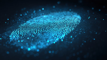 A glowing digital fingerprint is displayed against a dark backdrop. This representation highlights advanced security measures in technology and emphasizes the importance of data protection.の素材