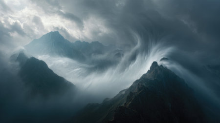 Mysterious dark clouds swirl dramatically above a rugged mountain range as dusk approaches casting an undefined mood and emphasizing the peaks height.の素材