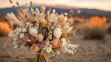 A stunning bouquet of dried flowers is arranged with soft hues and textures. The setting sun casts a warm glow over the desert landscape enhancing its beauty and tranquility.の素材