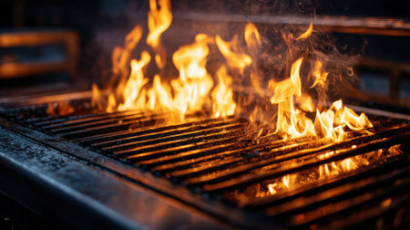 Bright flames rise from a grill as food cooks during a summer barbecue gathering. The scene captures the excitement and warmth of an outdoor cooking event in the evening.の素材