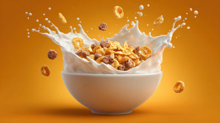 A bowl filled with mixed cereal is splashing milk into the air creating a dynamic scene against a vibrant orange backdrop. The cereal pieces are airborne capturing the excitement of breakfast.の素材
