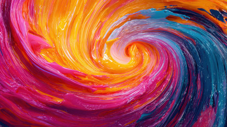 Swirls of vivid paint in bright colors form a dynamic pattern. The mix of purple pink orange and blue creates an artistic display. This lively scene captures creativity in motion.の素材