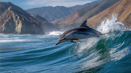 A dolphin leaps out of the sparkling ocean waves near a rocky shoreline. Rugged mountains rise in the background under a clear blue sky on a sunny day.の素材