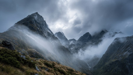 Towering mountains rise into a cloudy sky enveloped in mist. The early morning light reveals the rugged terrain and lush vegetation on the slopes creating a peaceful yet dramatic scene.の素材
